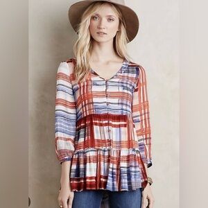 Maeve Anthropologie Lila Tiered Peasant Top Red White Blue Stripe Small S XS